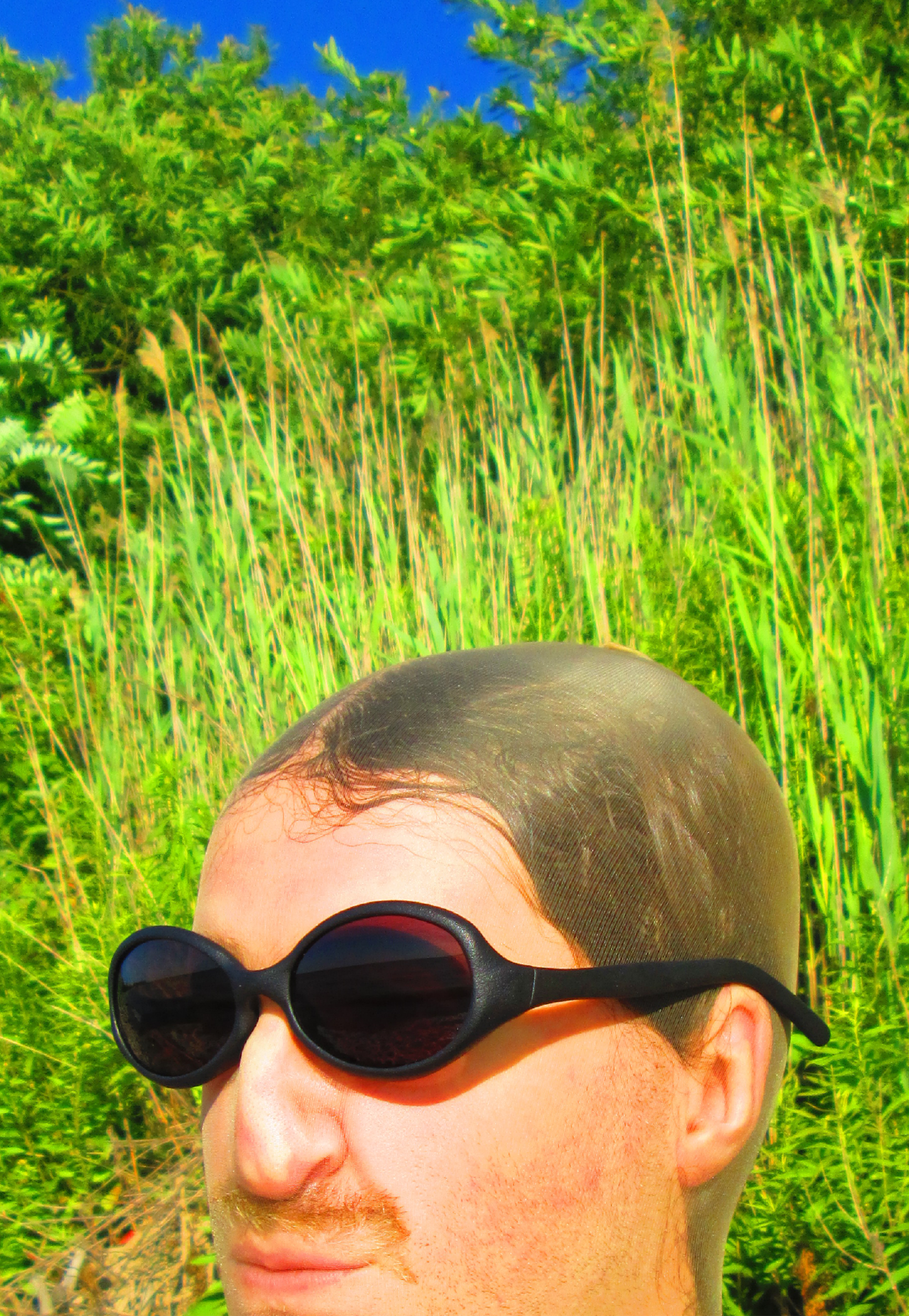 3D render of a bald model wearing black sunglasses with transparent grey lenses